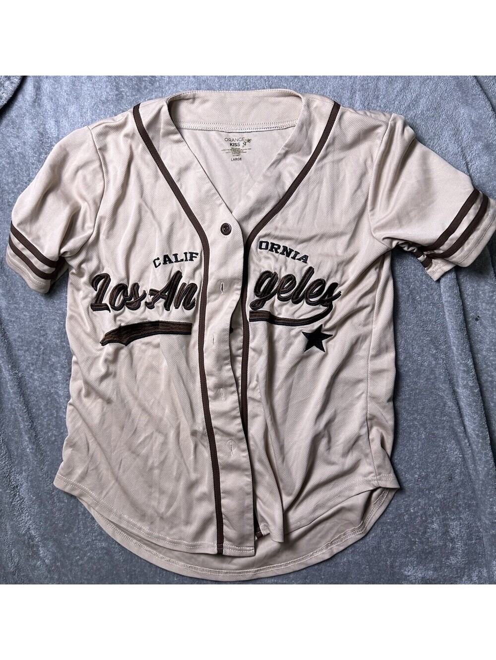 Orange Kiss Los Angeles Baseball Jersey Large Cream Brown 89 Embroidered